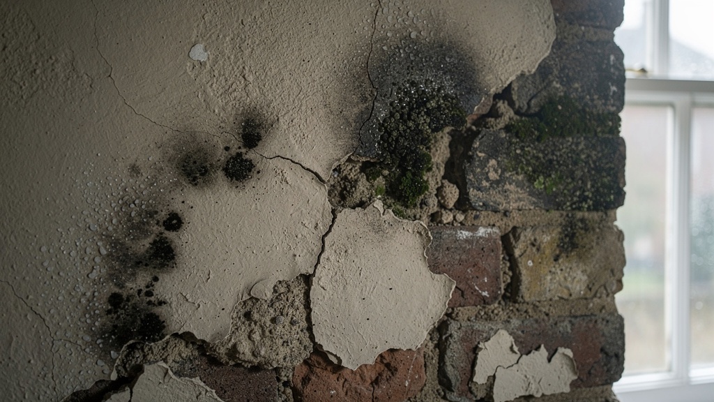 Damp and water damage visible on interior wall of a British house requiring survey attention