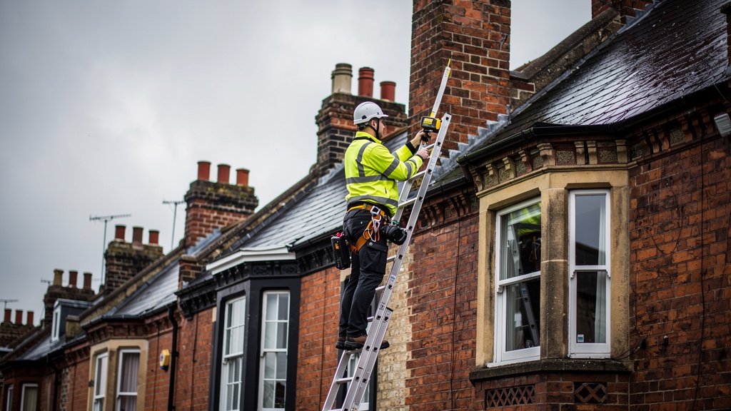 Surveyor inspecting the roof of a Victorian terraced house in Nottingham