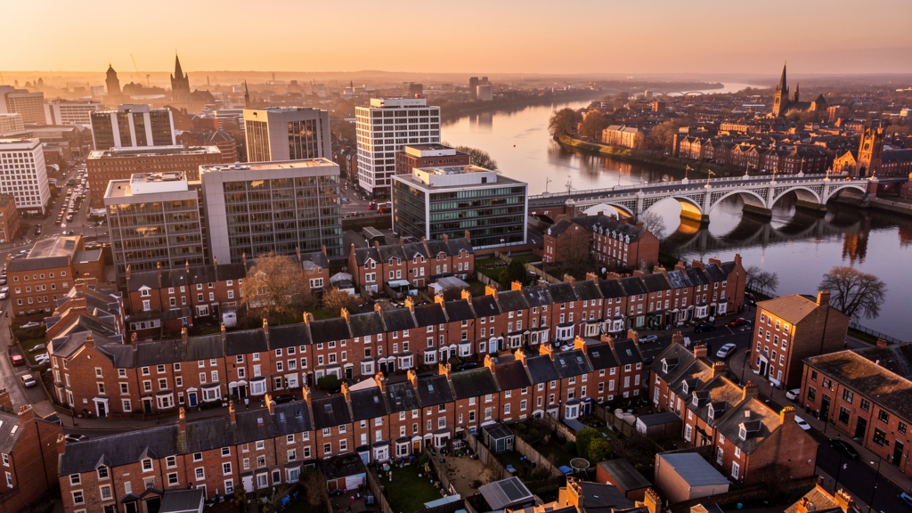 Aerial view of Nottingham city centre properties and architecture